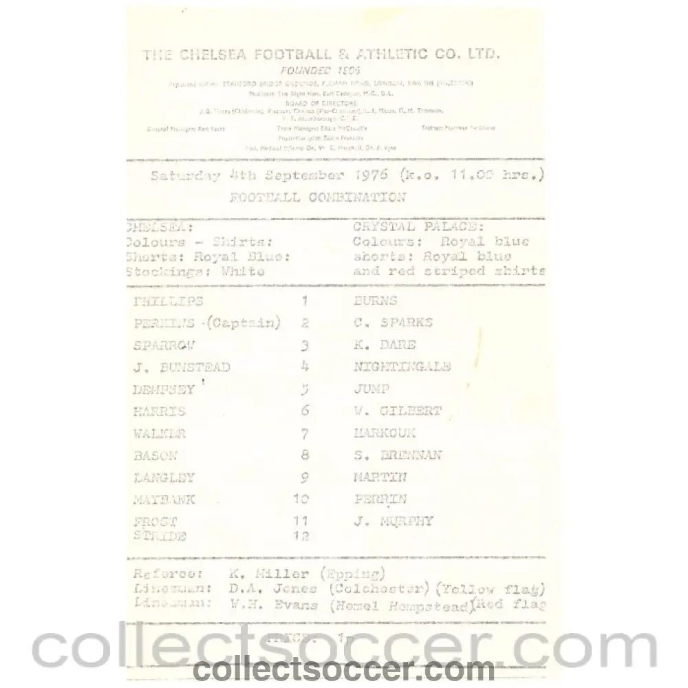 1976 Chelsea Reserves v Crystal Palace Reserves football programme - Collect Soccer