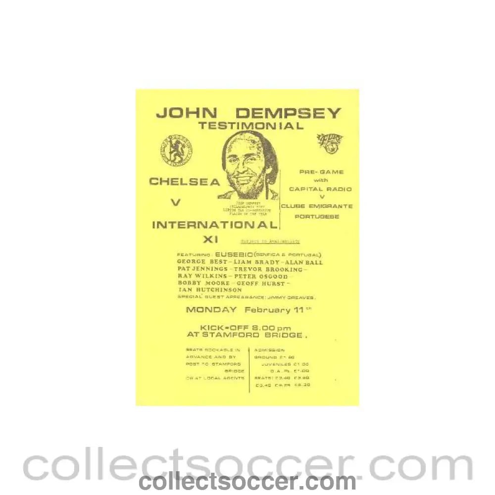 1976 - Chelsea v International XI and pre - game Capital Radio v Clube Emigrante Portugese official programme probably of season 1976 - 77 John Dempsey testimonial match - Collect Soccer