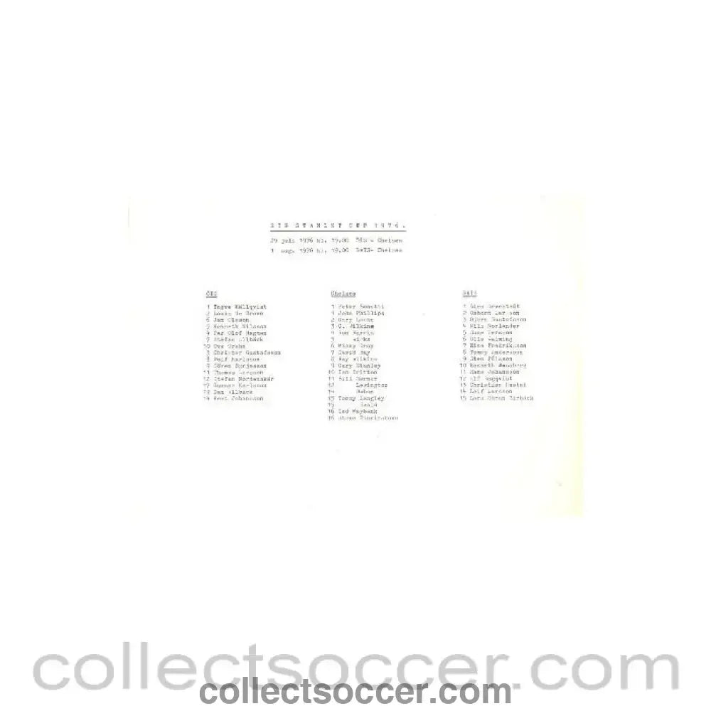 1976 - Chelsea v OIS 29/07/1976 and Chelsea v GAIS 01/08/1976 official teamsheet Sir Stanley Cup 1976 - Collect Soccer