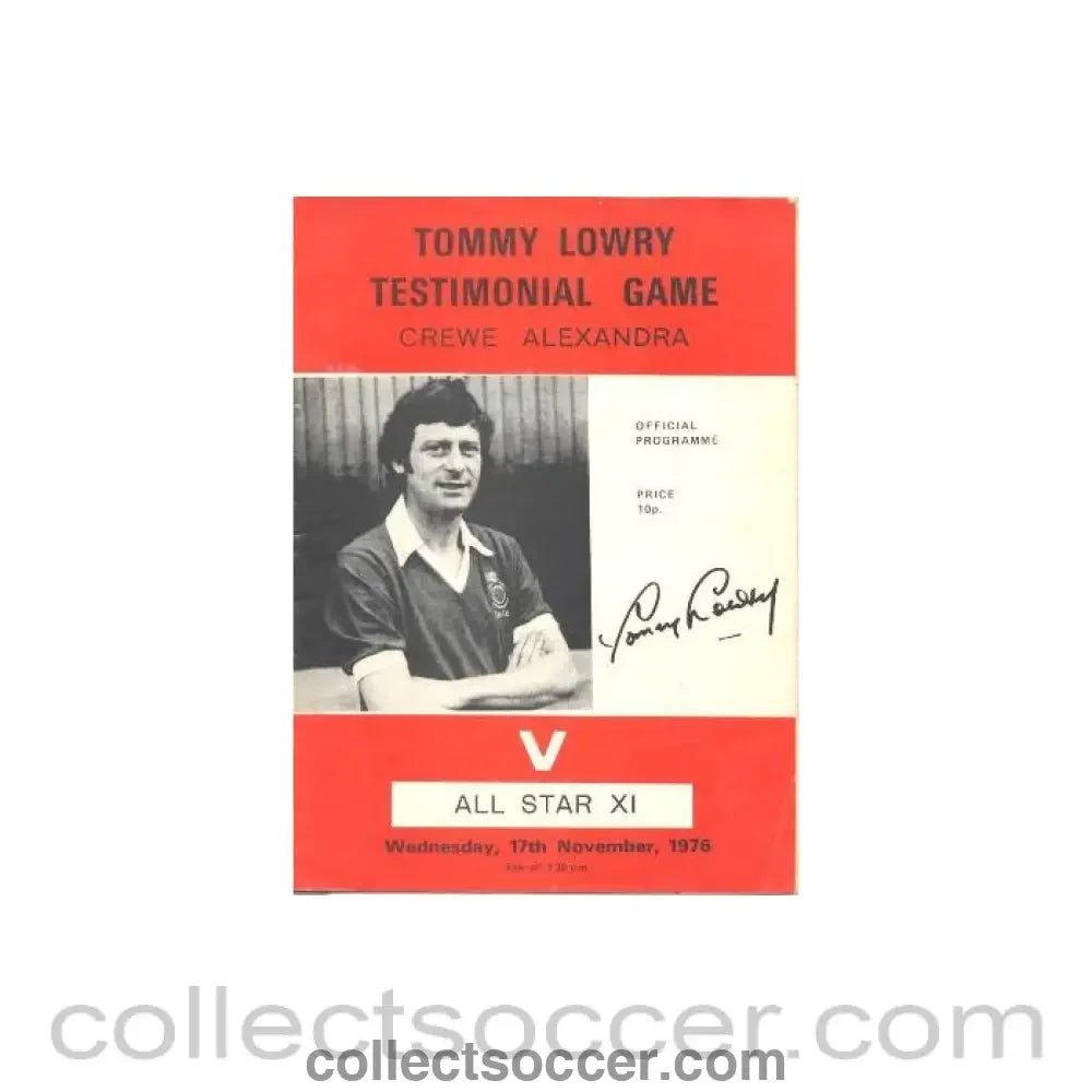 1976 - Creve Alexandra v All Star XI Tommy Lowry Testimonial Match official programme 17/11/1976 - Collect Soccer