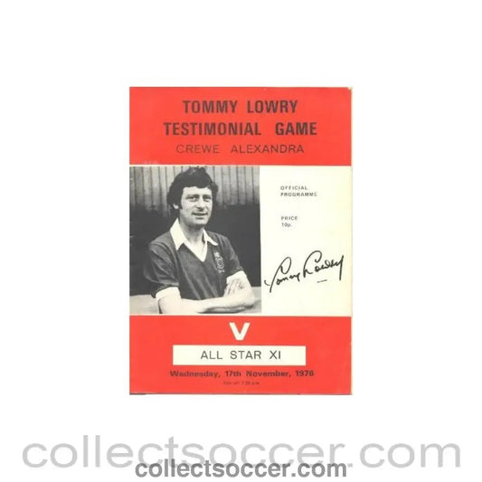 1976 - Creve Alexandra v All Star XI Tommy Lowry Testimonial Match official programme 17/11/1976 - Collect Soccer