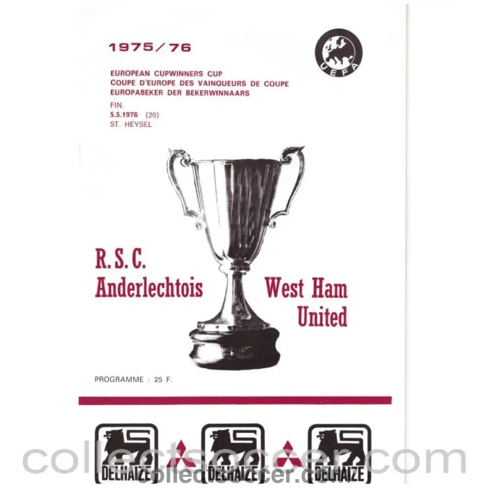 1976 Cup Winners Cup Final Official Programme Anderlecht v West Ham United - Collect Soccer