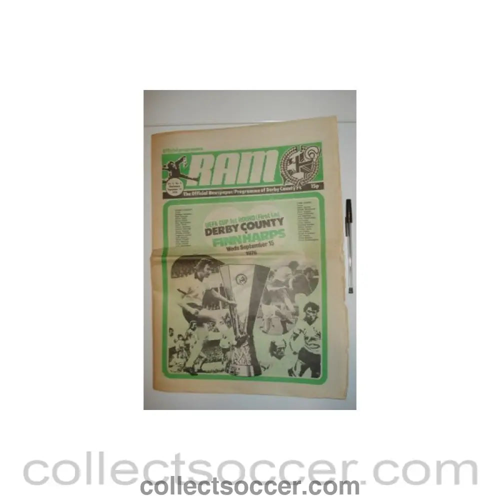 1976 - Derby County v Finnharps official Ram newspaper - like programme 15/09/1976 UEFA Cup - Collect Soccer