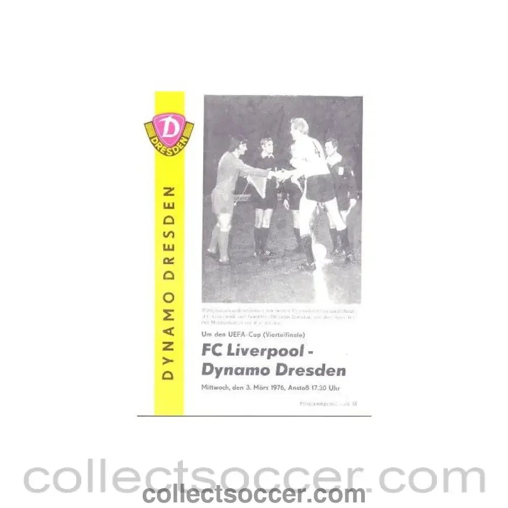 1976 - Dynamo Dresden, East Germany v Liverpool official programme 03/03/1976 UEFA Cup - Collect Soccer