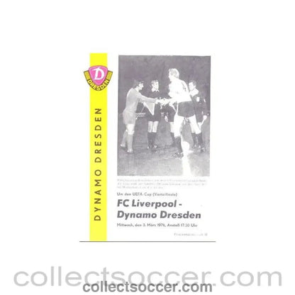 1976 - Dynamo Dresden, East Germany v Liverpool official programme 03/03/1976 UEFA Cup - Collect Soccer