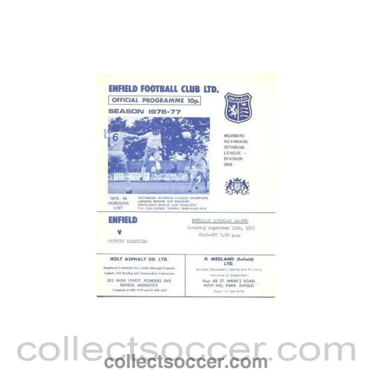 1976 - Enfield v Wycombe Wanderers official programme 11/09/1976 - Collect Soccer