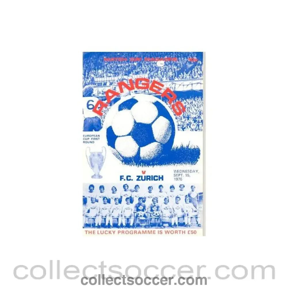 1976 - Glasgow Rangers v Zurich official programme 15/09/1976 European Cup - Collect Soccer