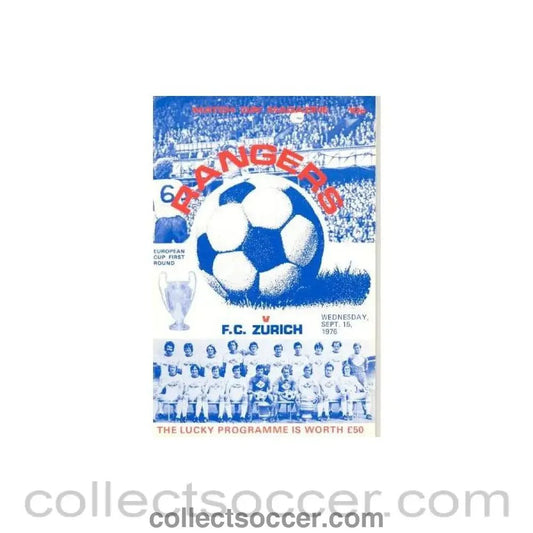 1976 - Glasgow Rangers v Zurich official programme 15/09/1976 European Cup - Collect Soccer