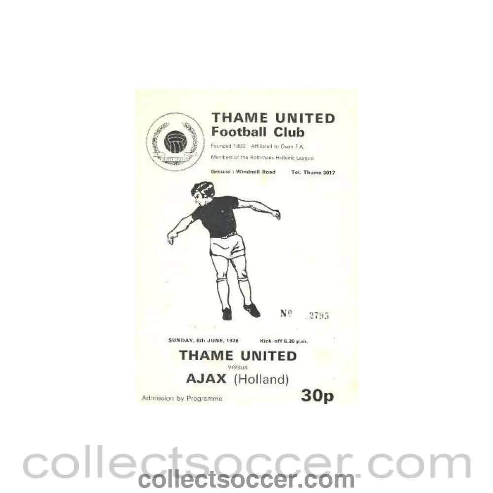 1976 - Thame United v Ajax 3rd Team official programme 06/06/1976 Friendly - Collect Soccer