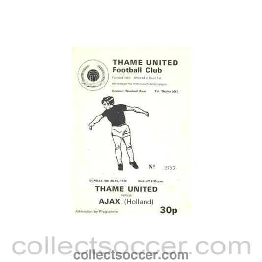 1976 - Thame United v Ajax 3rd Team official programme 06/06/1976 Friendly - Collect Soccer