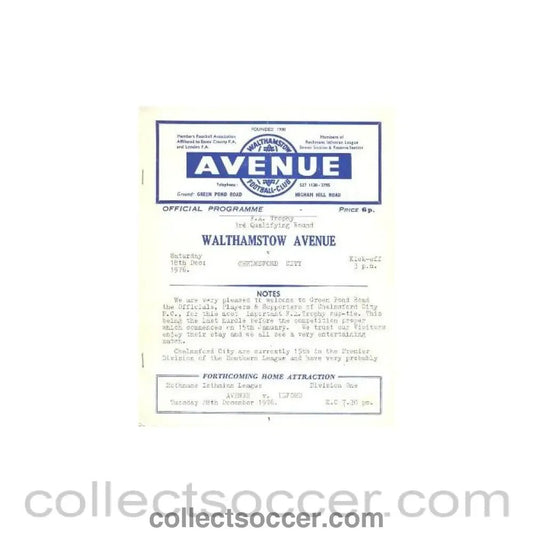 1976 - Walthamstow Avenue v Chelmsford City official programme 18/12/1976 - Collect Soccer