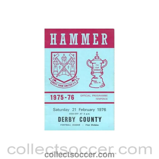 1976 - West Ham United v Derby County official programme 21/02/1976 Football League - Collect Soccer