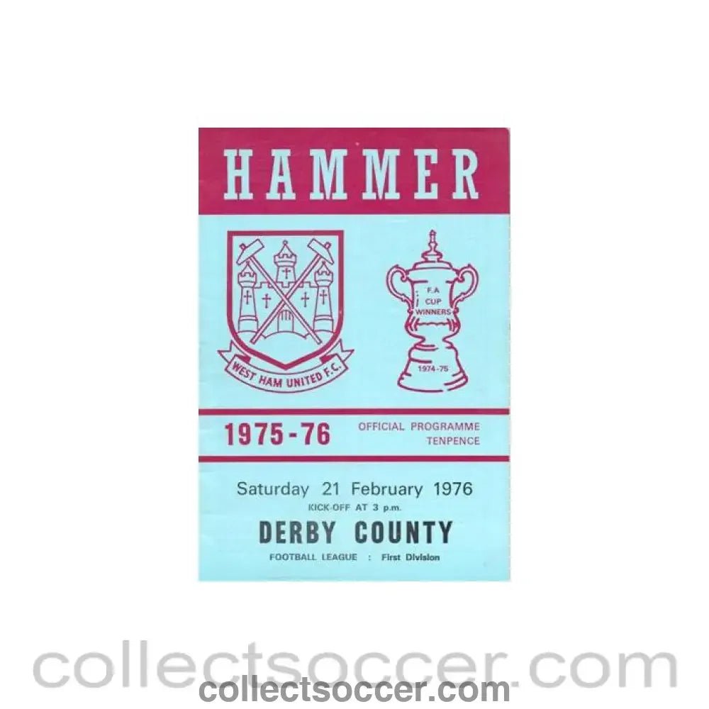 1976 - West Ham United v Derby County official programme 21/02/1976 Football League - Collect Soccer