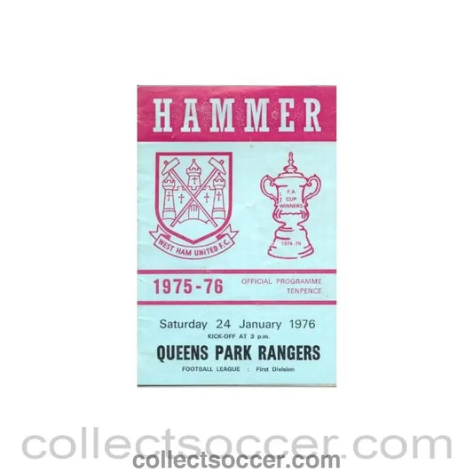 1976 - West Ham United v Queen's Park Rangers official programme 24/01/1976 - Collect Soccer