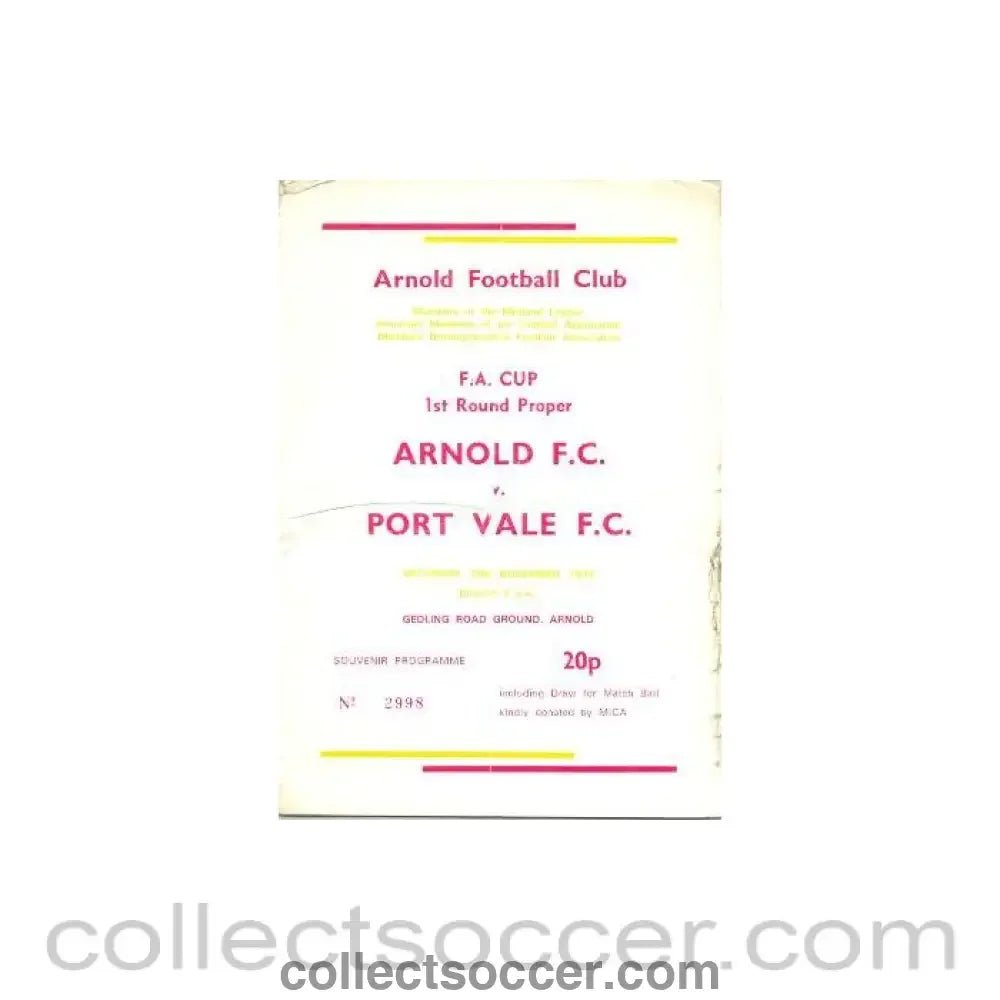 1977 - Arnold v Port Vale official programme 26/11/1977 - Collect Soccer