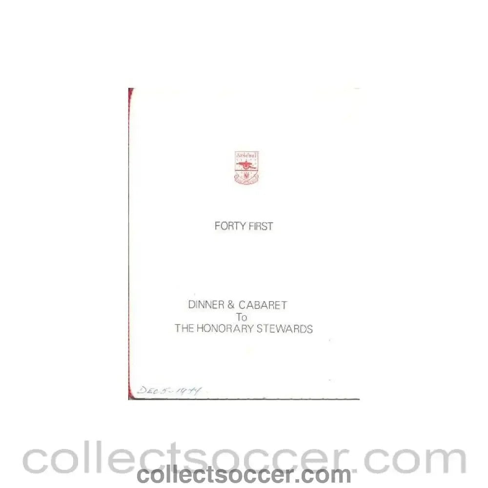1977 - Arsenal - 41st Dinner & Cabaret to The Honorary Stewards of Arsenal FC menu with ribbon 05/12/1977 - Collect Soccer