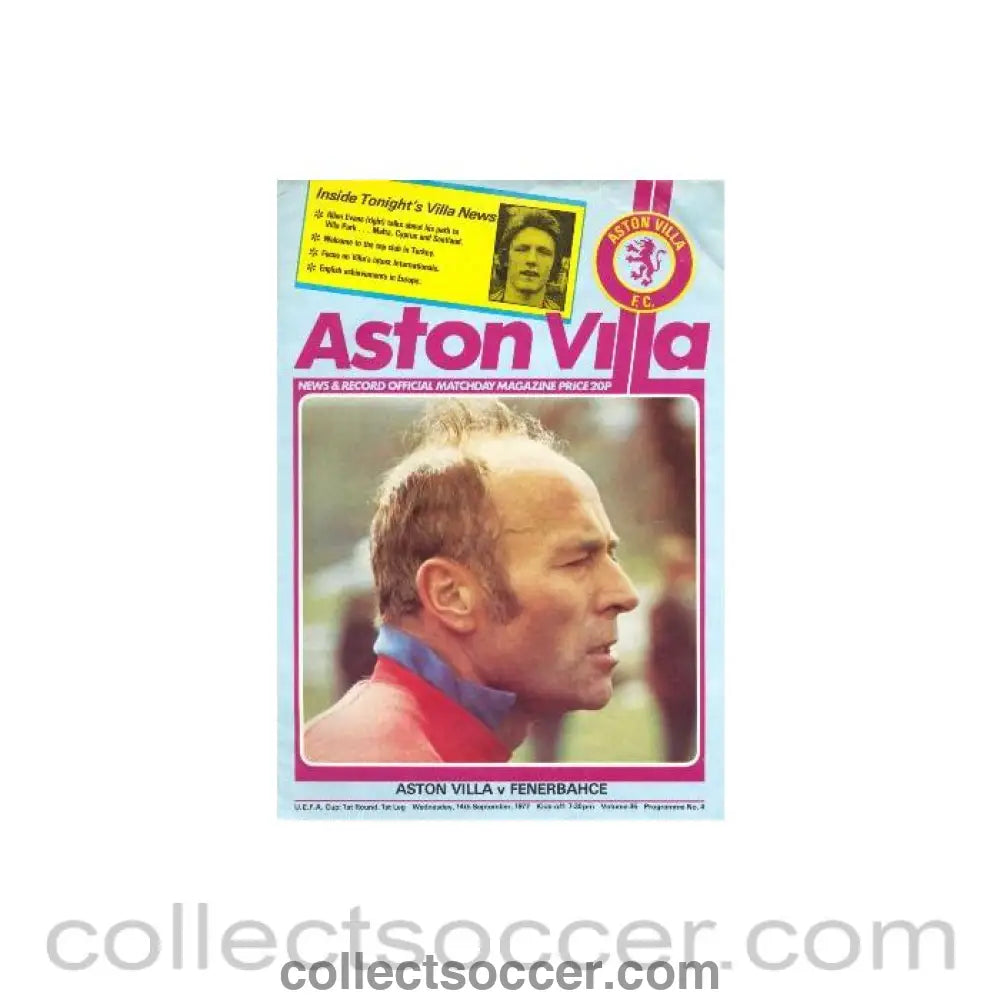 1977 - Aston Villa v Fenerbahce official programme 14/09/1977 UEFA Cup