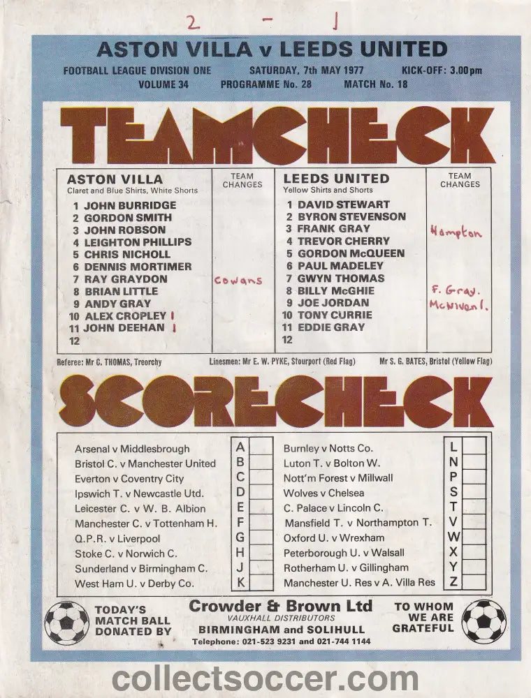 1977 Aston Villa V Leeds United Official Programme