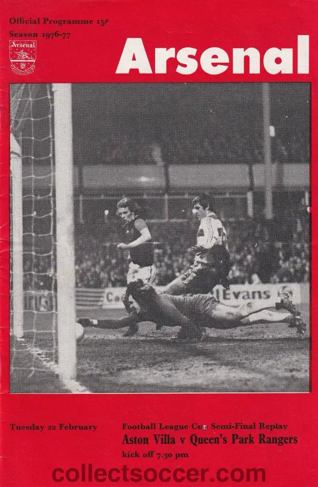 1977 At Arsenal Aston Villa V Queens Park Rangers League Cup Semi-Final Replay Programme