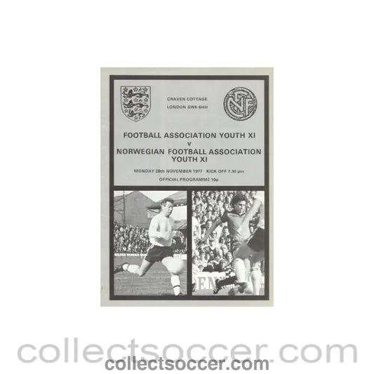 1977 - At Fulham - Football Association Youth XI v Norwegian Football Association Youth XI official programme 28/11/1977 - Collect Soccer