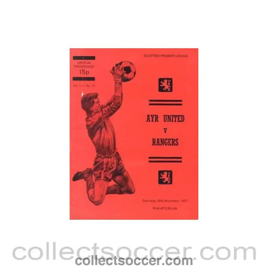 1977 - Ayr United v Glasgow Rangers official programme 26/11/1977 Scottish Premier League - Collect Soccer