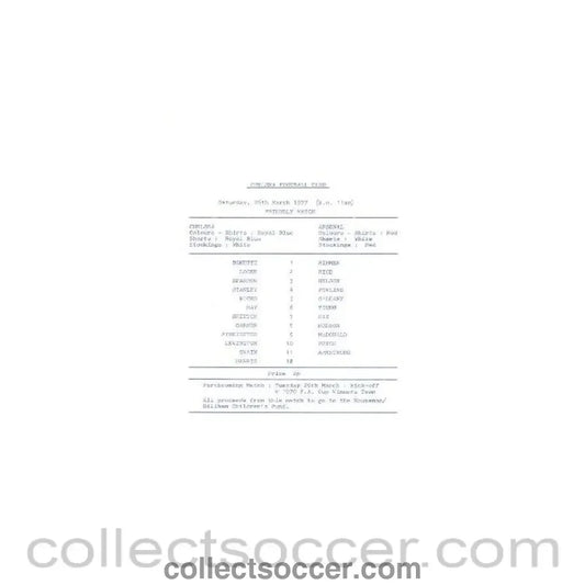 1977 - Chelsea v Arsenal official teamsheet 26/03/1977 friendly match