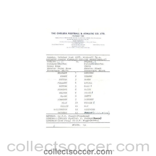 1977 - Chelsea v Fulham official programme 31/10/1977 Southern Junior Floodlit Cup 1st Round Replay