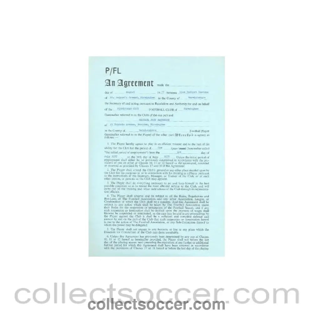 1977 - Contract For Hire of a Player between Birmingham City F.C. and Michael John Rathbone of 01/08/1977 - Collect Soccer