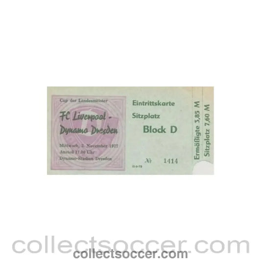 1977 - Dynamo Dresden East Germany v Liverpool ticket 02/11/1977