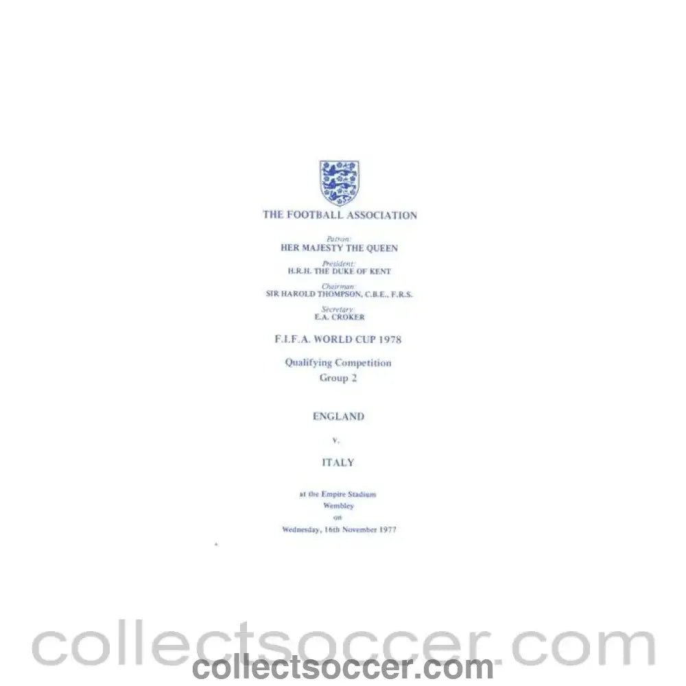 1977 England v Italy programme of arrangements Royal Box - Collect Soccer