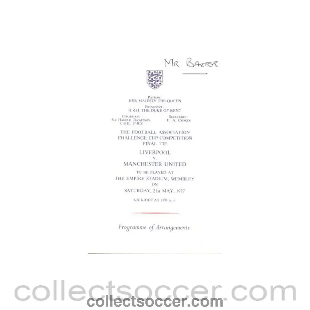 1977 FA Cup Final programme of arrangements Royal Box - Collect Soccer