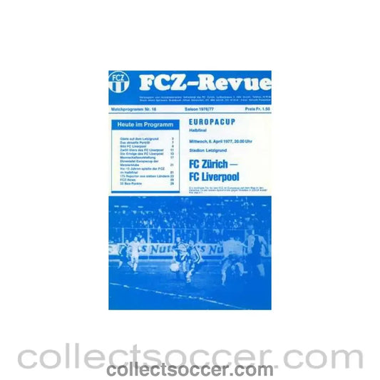 1977 FC Zurich V Liverpool Programme 06/04/1977
