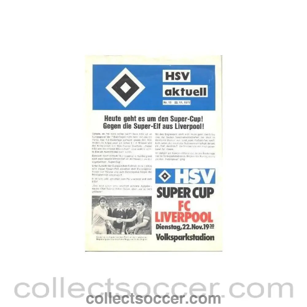 1977 Hamburg v Liverpool official programme 22/11/1977 Super Cup - Collect Soccer