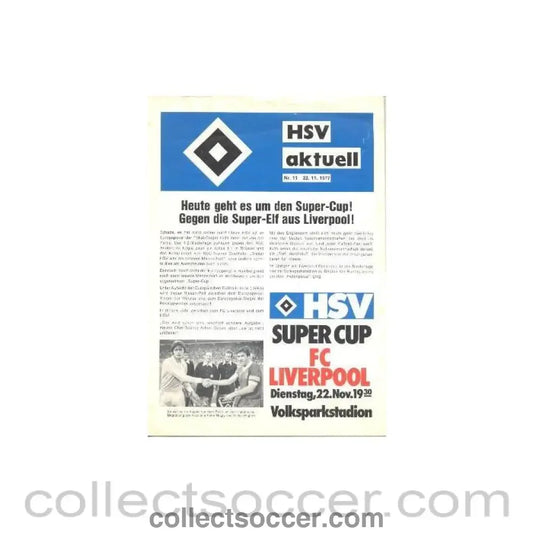 1977 Hamburg v Liverpool official programme 22/11/1977 Super Cup