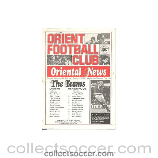 1977 - Leyton Orient v Blackpool official programme 05/02/1977 Football League - Collect Soccer