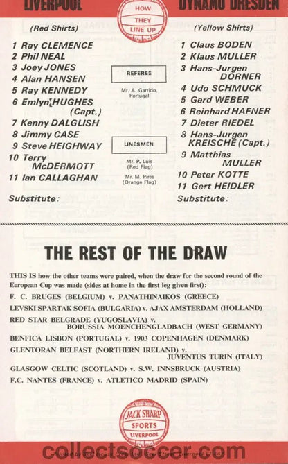 1977 - Liverpool v Dynamo Dresden European Cup 2nd Round 1st Leg Programme 19/10/1977 European Cup - Collect Soccer