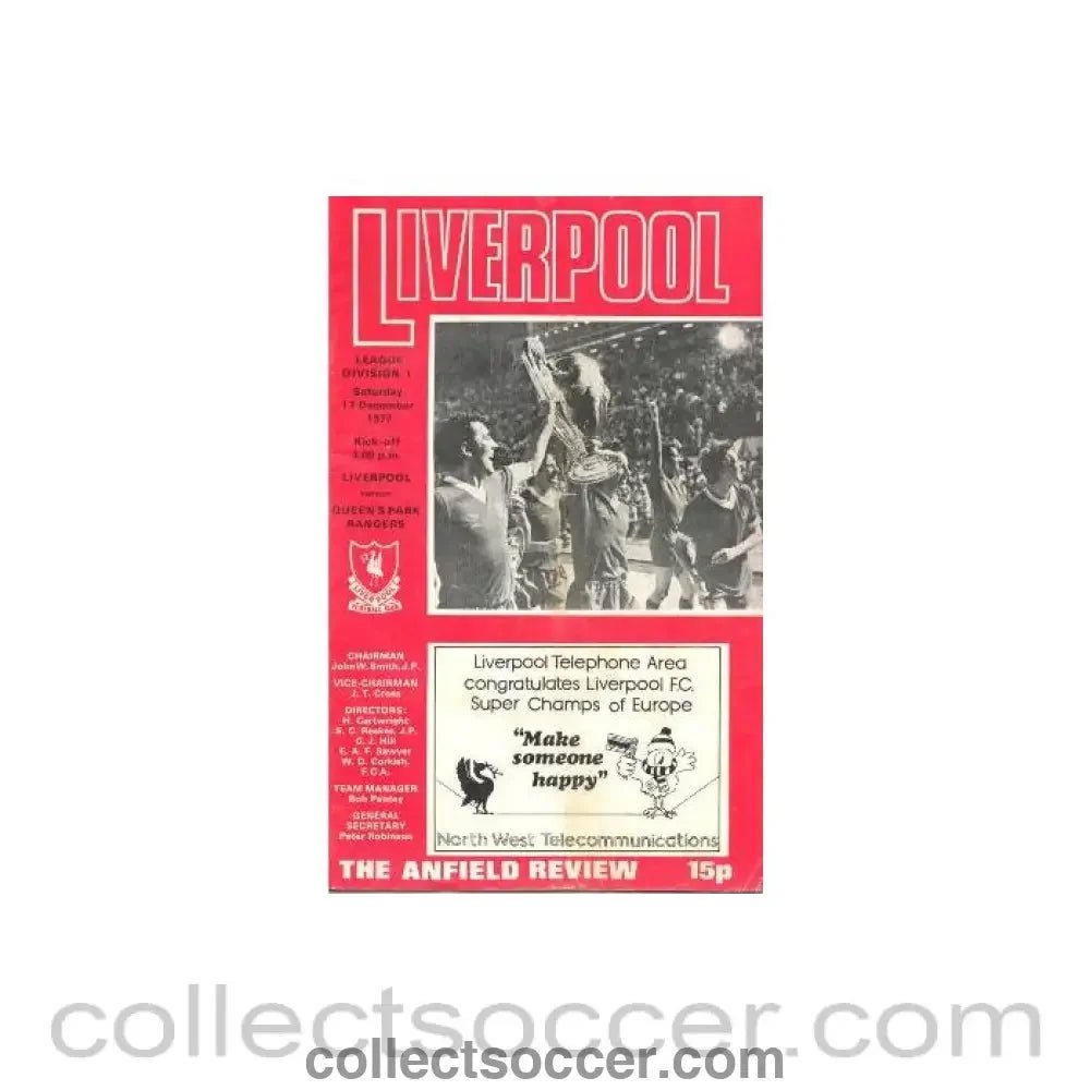1977 - Liverpool v Queen's Park Rangers official programme 17/12/1977 - Collect Soccer