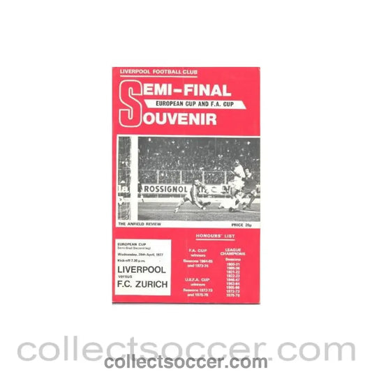 1977 Liverpool v Zurich official programme 20/04/1977 European Cup Semi-Final