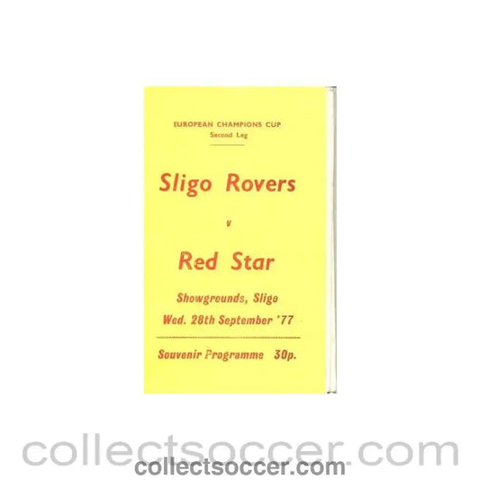 1977 - Sligo Rovers v Red Star, Belgrade official programme 28/09/1977 European Cup - Collect Soccer