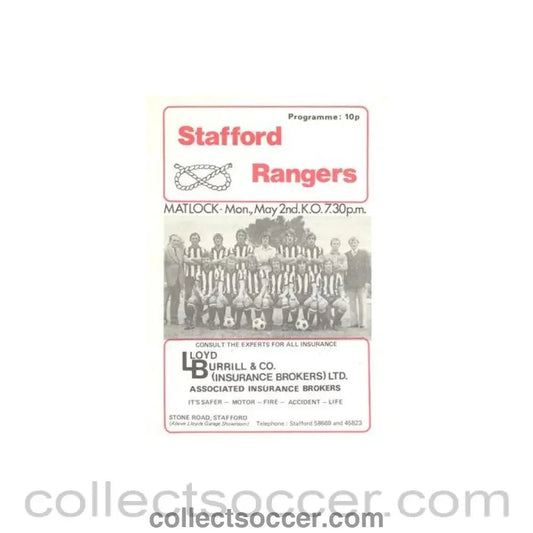 1977 - Stafford Rangers v Matlock official programme 03/05/1977 Northern Premier League - Collect Soccer