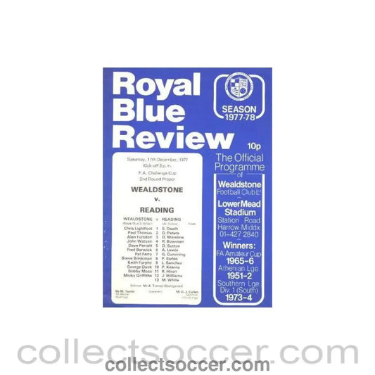 1977 - Wealdstone v Reading official programme 17/12/1977 - Collect Soccer