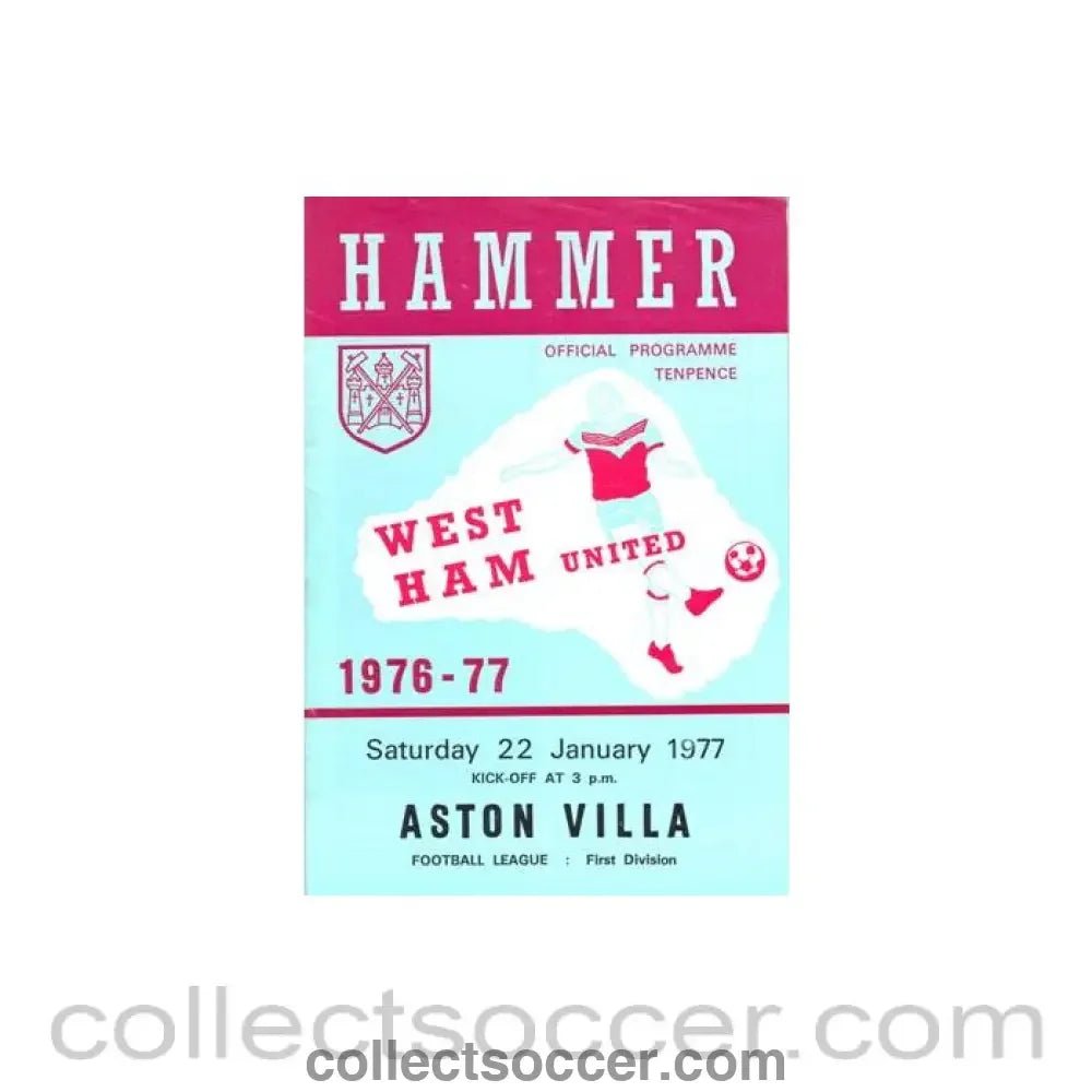 1977 - West Ham United v Aston Villa official programme 22/01/1977 Football League - Collect Soccer