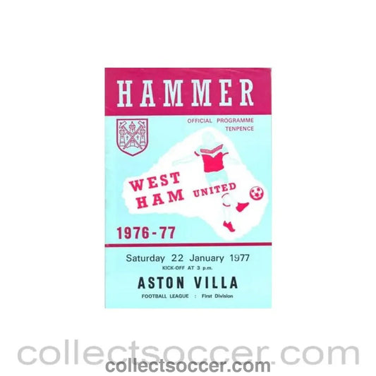 1977 - West Ham United v Aston Villa official programme 22/01/1977 Football League - Collect Soccer