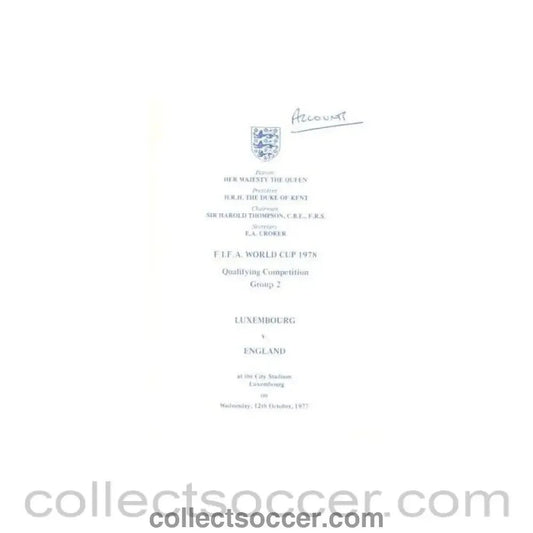 1977 - World Cup 1978 Qualifying Competition Group 2 table of Events Luxembourg v England 12/10/1977 - Collect Soccer