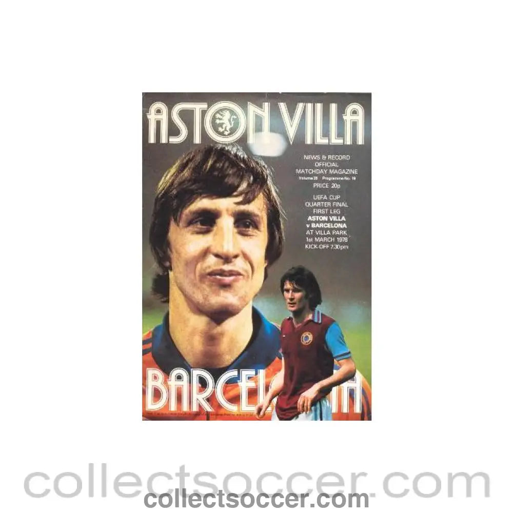 1978 - Aston Villa v Barcelona official programme 01/03/1978 UEFA Cup Quarter Final