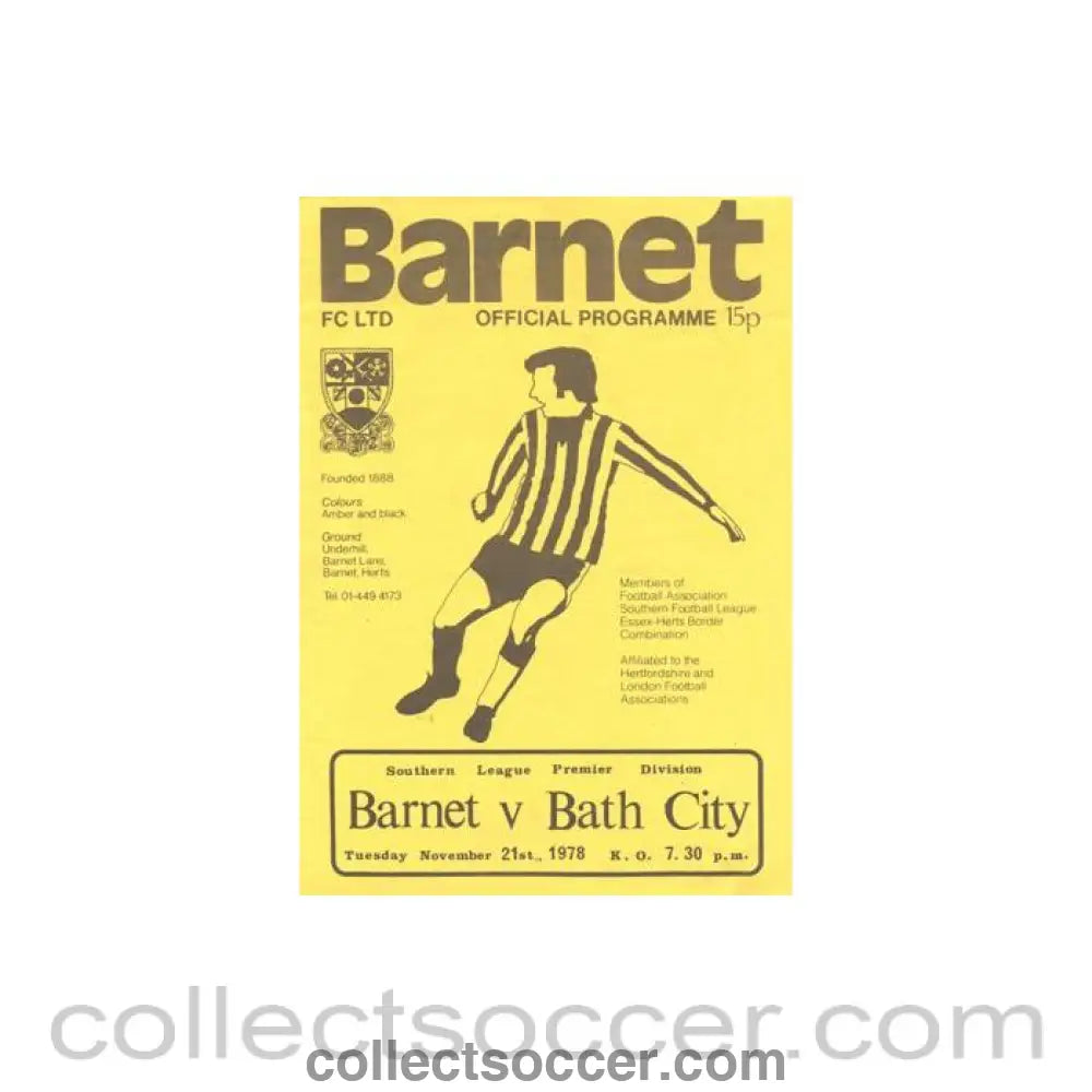 1978 - Barnet v Bath City official programme 21/11/1978 Southern League Premier Division