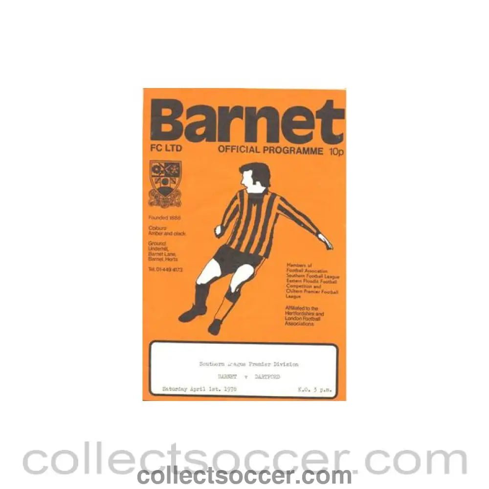 1978 - Barnet v Dartford official programme 01/04/1978 Southern League Premier Division - Collect Soccer