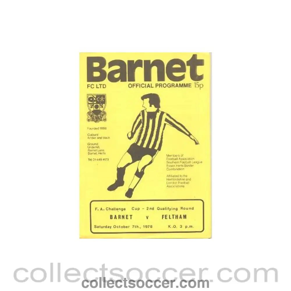 1978 - Barnet v Feltham official programme 07/10/1978 F.A. Cup - Collect Soccer