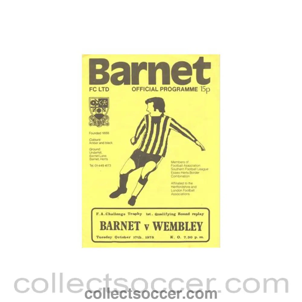 1978 - Barnet v Wembley official programme 17/10/1978 F.A. Trophy