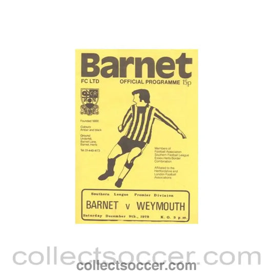 1978 - Barnet v Weymouth official programme 09/12/1978 Southern League Premier Division